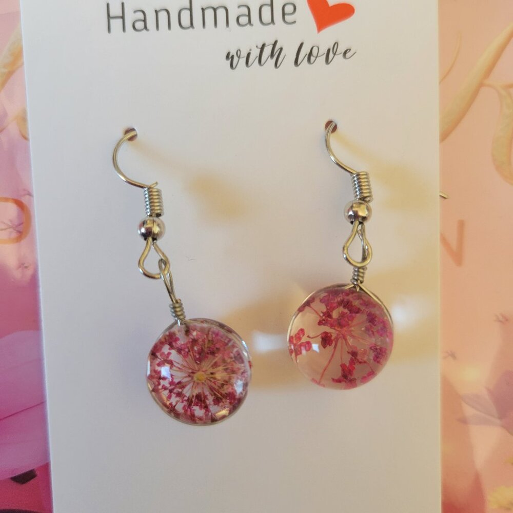 Silver Plated Real Dried Pink Flower Resin Earrings - Round